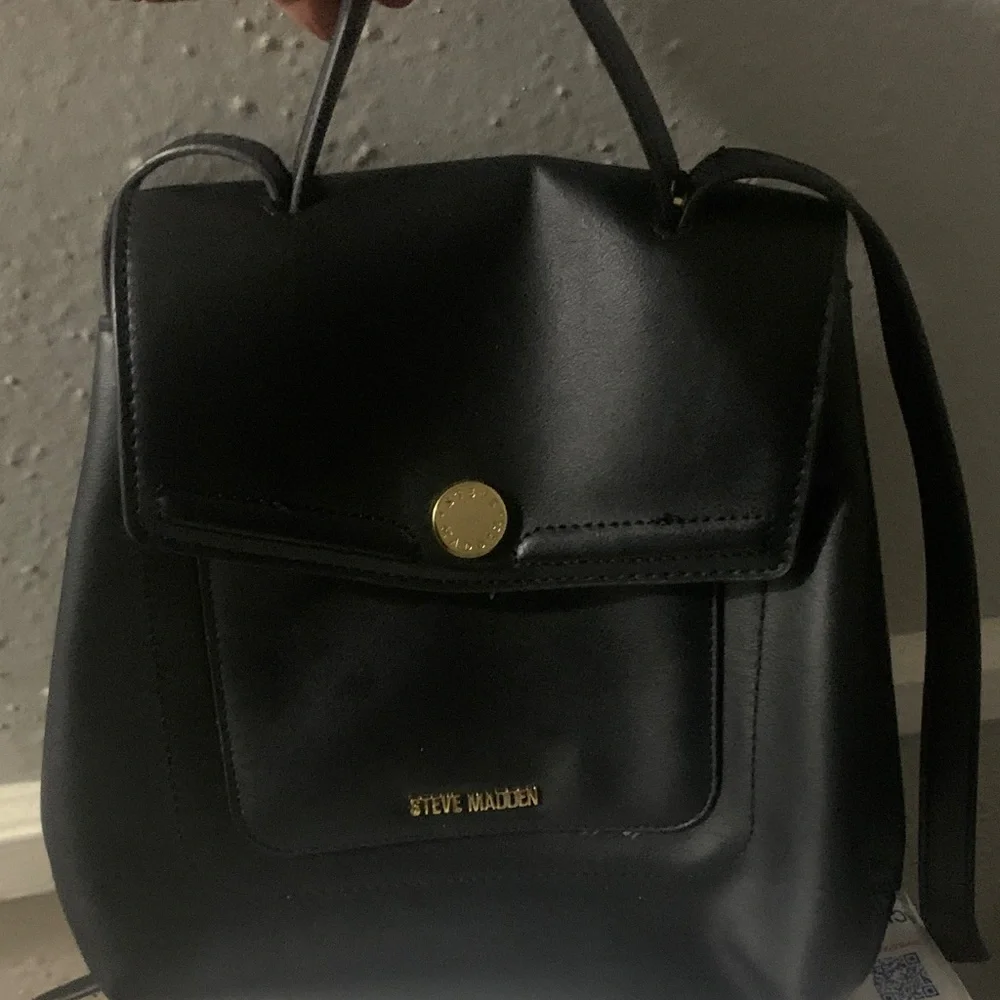 Steve Madden Black Faux Leather Mini Backpack with Gold Accents